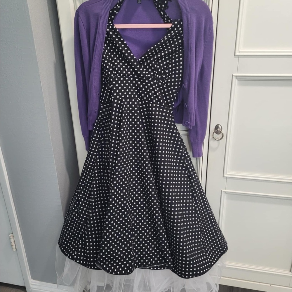 Vintage Polka Dot Dress with Purple Cardigan💜